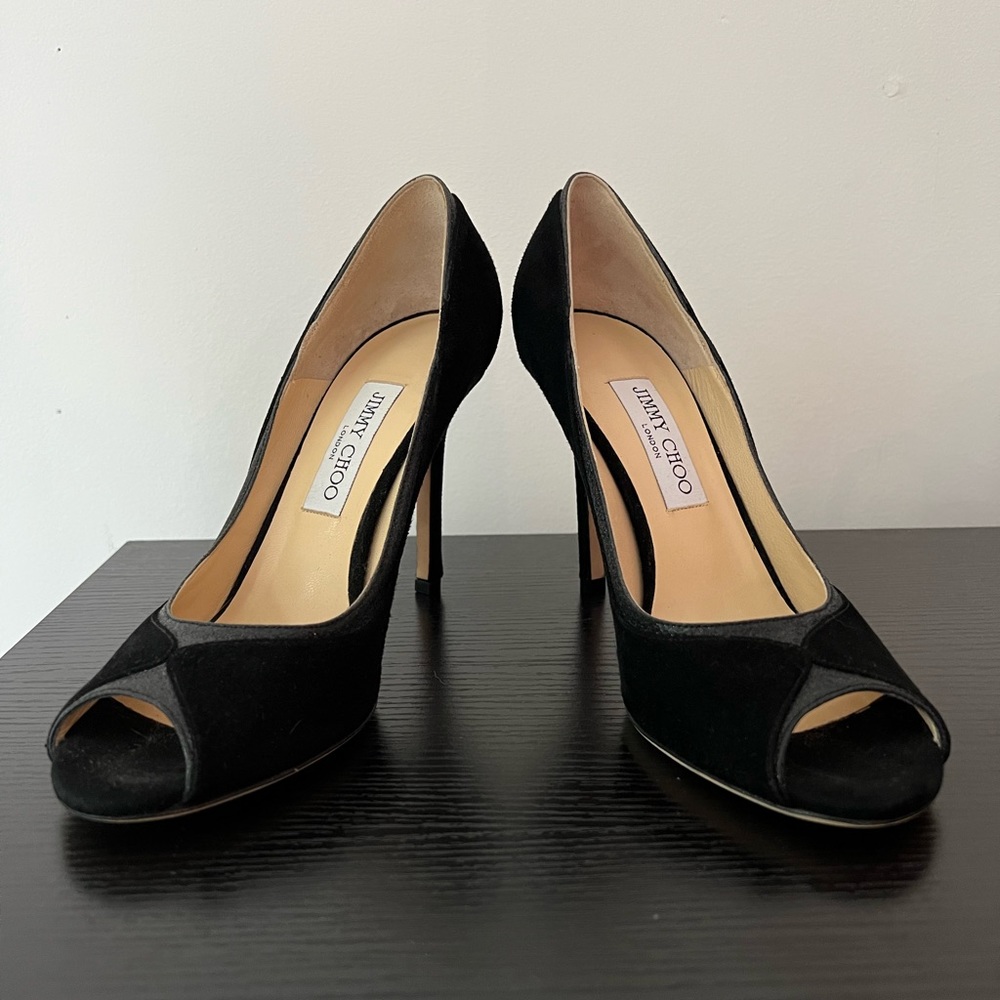 Jimmy Choo Black Suede and Glitter Open Toe Heels US 9.5 EU 39.5